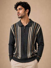 Premium Knitted Zip Polo Sweater – Black Striped | Luxury Winter Knitwear for Men