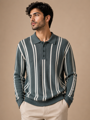 Premium Knitted Zip Polo Sweater – Black Striped | Luxury Winter Knitwear for Men