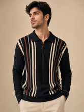 Premium Knitted Zip Polo Sweater – Black Striped | Luxury Winter Knitwear for Men