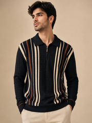 Premium Knitted Zip Polo Sweater – Black Striped | Luxury Winter Knitwear for Men