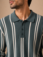 Premium Knitted Zip Polo Sweater – Black Striped | Luxury Winter Knitwear for Men