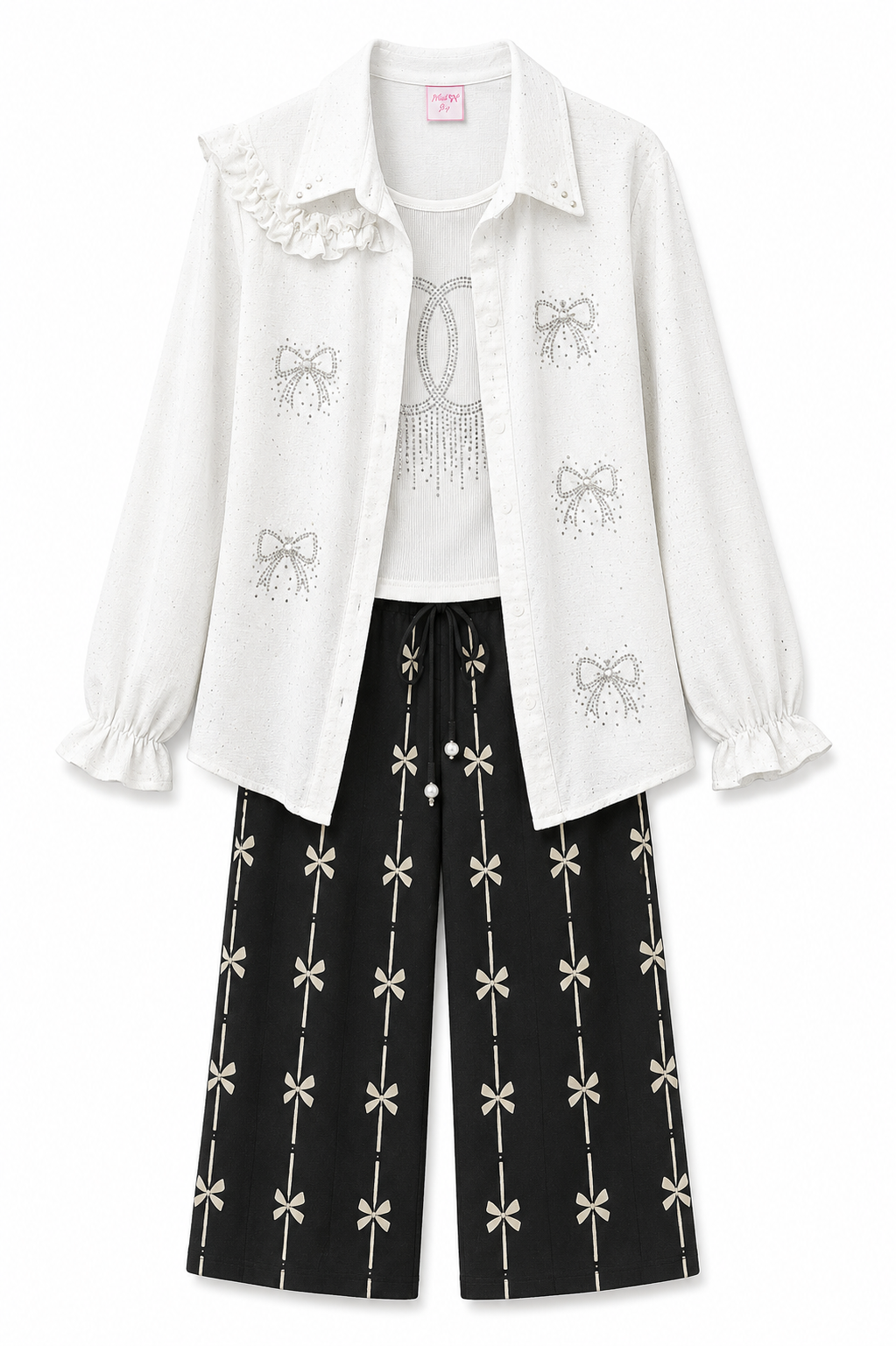 Girls White & Black 3-Piece Co-ord Set – Bow Detail Shirt, Inner Top & Wide Leg Pants