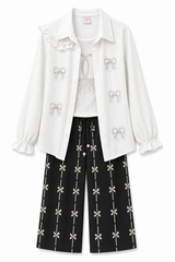 Girls White & Black 3-Piece Co-ord Set – Bow Detail Shirt, Inner Top & Wide Leg Pants