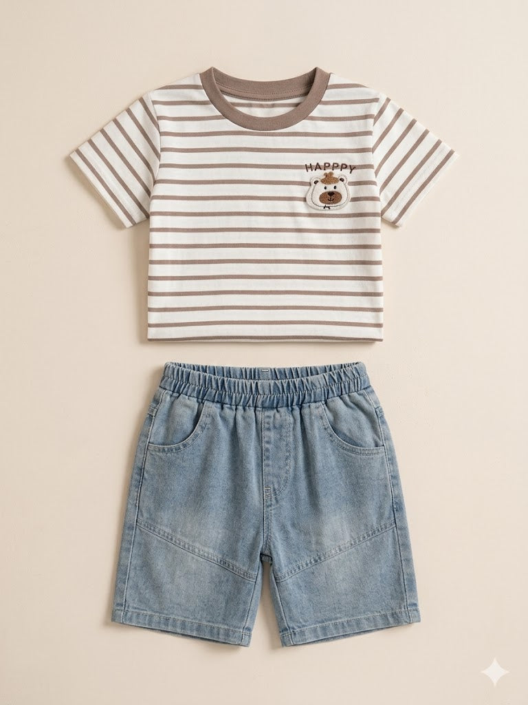 Boys Striped T-Shirt & Blue Shorts Set – Casual Cotton Summer Outfit