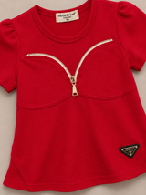 Girls Red Fashion Zipper Top – Stylish Casual Kids T-Shirt