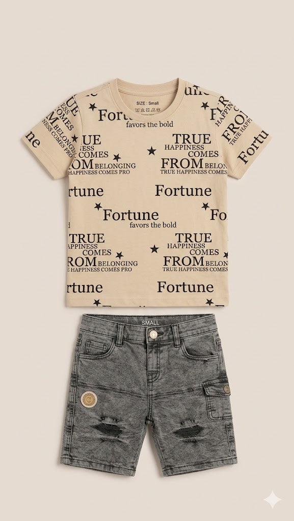 Boys Printed T-Shirt & Denim Shorts Set – Soft Cotton Summer Outfit (Beige & Grey)