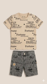Boys Printed T-Shirt & Denim Shorts Set – Soft Cotton Summer Outfit (Beige & Grey)