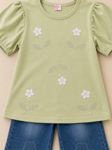 Girls Floral Embellished Top & Denim Flare Pant Set