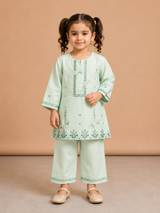 Girls Mint Green Embroidered Kurti Trouser Set – Elegant Kids Ethnic Wear