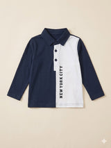 Boys Navy & White Color Block Polo T-Shirt – Casual Cotton Long Sleeve Top