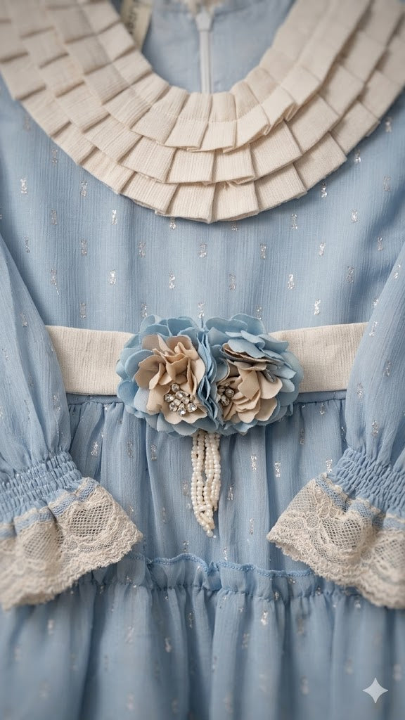 Girls Sky Blue Ruffle Lace Party Dress