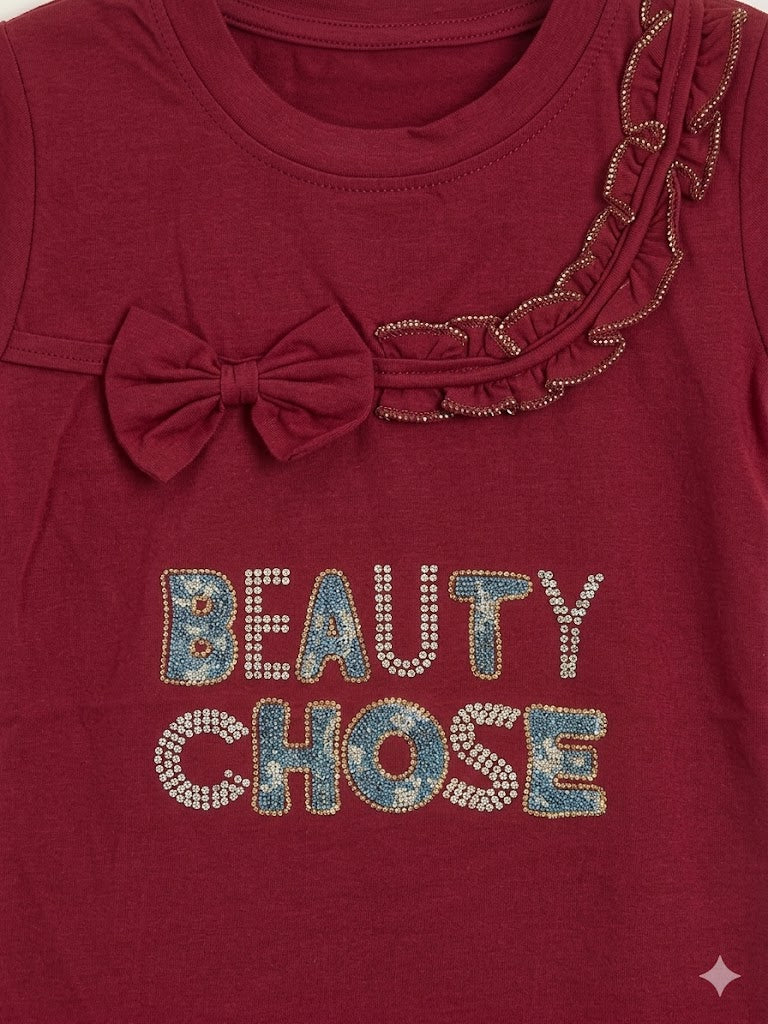 Girls Maroon "Beauty Chose" Bow Embellished T-Shirt