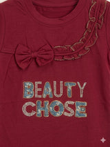 Girls Maroon "Beauty Chose" Bow Embellished T-Shirt