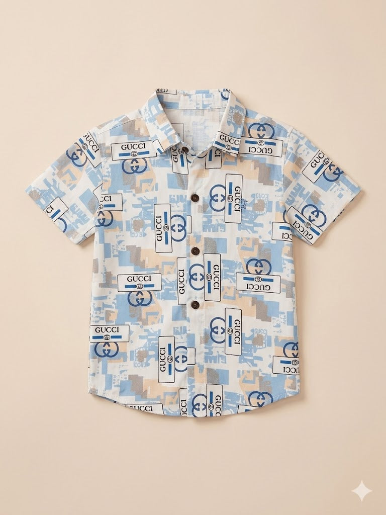 Boys Blue Printed Shirt – Casual Cotton Short Sleeve Top