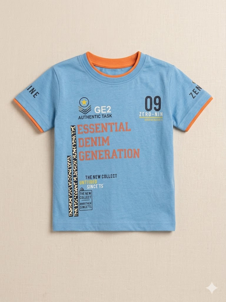 Boys Sky Blue Graphic T-Shirt – Casual Cotton Short Sleeve Top