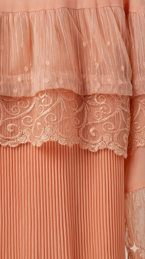 Girls Peach Pleated Lace Party Top