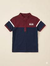 Boys Navy & Maroon Color Block T-Shirt – Casual Cotton Short Sleeve Top