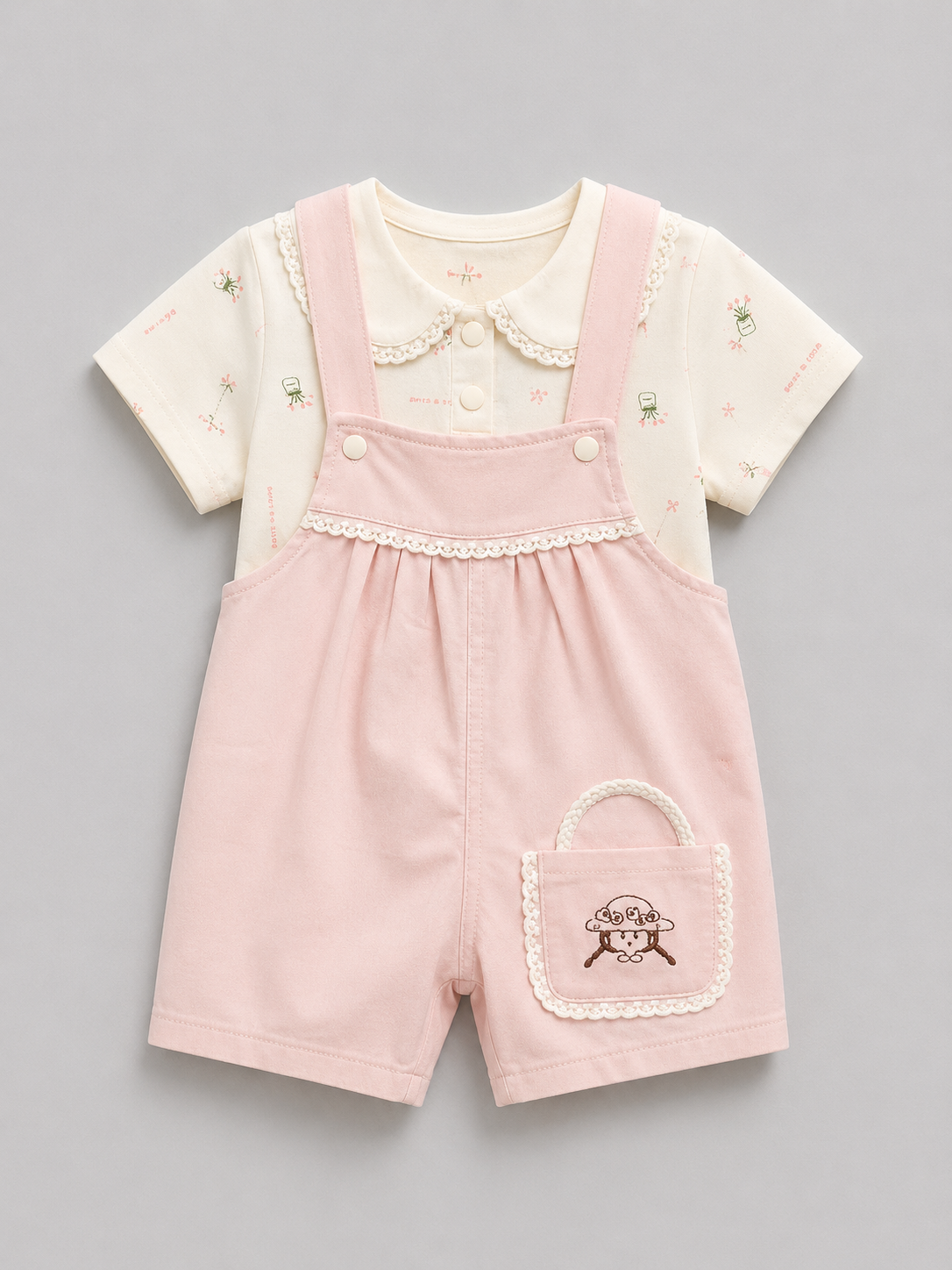 Baby Girls Pink Dungaree Romper Set – Cute Cotton Summer Outfit (2 Pcs)