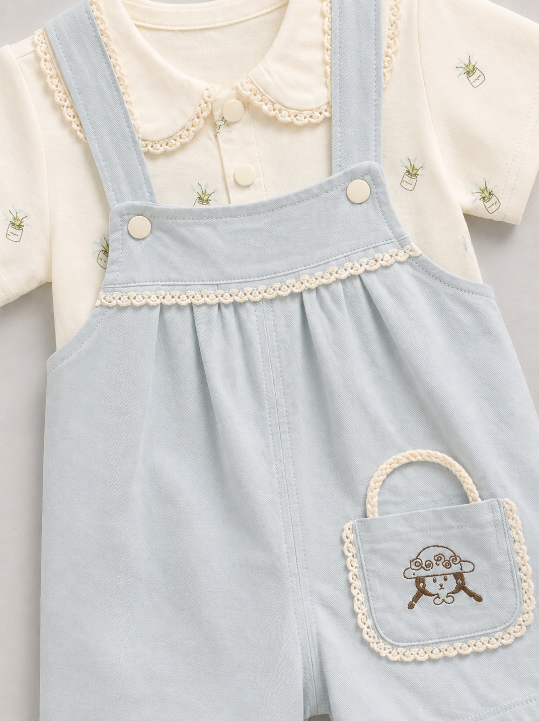 Baby Girls Cute Dungaree Romper Set – Soft Cotton Top & Suspender Shorts Outfit (2 Pcs)