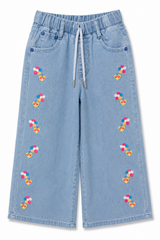 Girls Light Blue Embroidered Denim Culotte Pants – Wide Leg Jeans