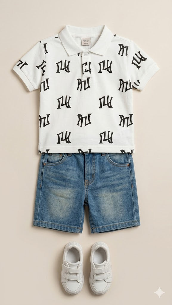Boys Printed T-Shirt & Denim Shorts Set – Soft Cotton Summer Outfit (White & Blue)