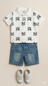 Boys Printed T-Shirt & Denim Shorts Set – Soft Cotton Summer Outfit (White & Blue)