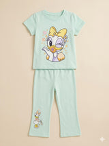 Girls Mint Green Cartoon Graphic T-Shirt & Trousers Set – Casual Cotton Outfit