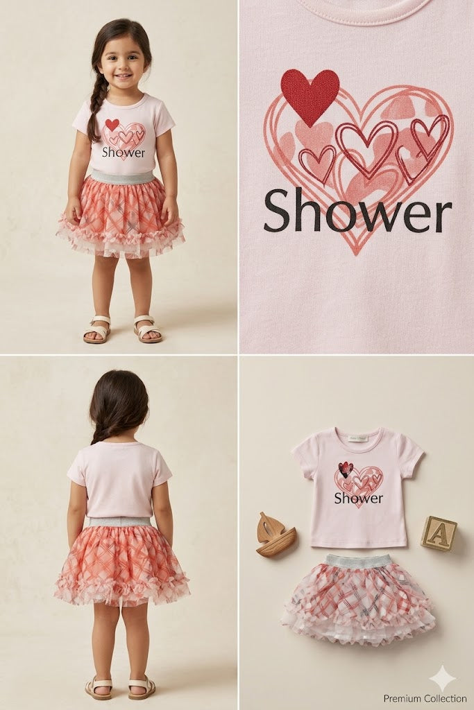 Girls Heart Print T-Shirt & Frill Skirt Set – Pink