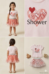 Girls Heart Print T-Shirt & Frill Skirt Set – Pink