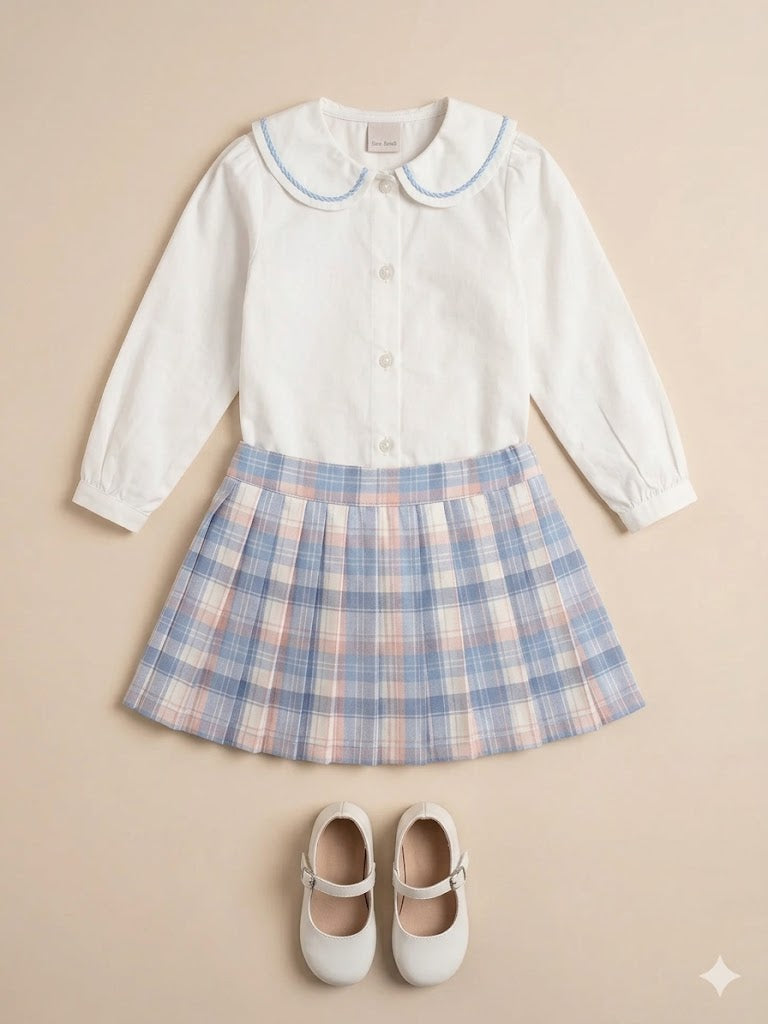 Girls Knit Top & Plaid Skirt Set – Soft Cotton Outfit (Cream & Blue)