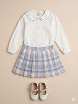 Girls Knit Top & Plaid Skirt Set – Soft Cotton Outfit (Cream & Blue)