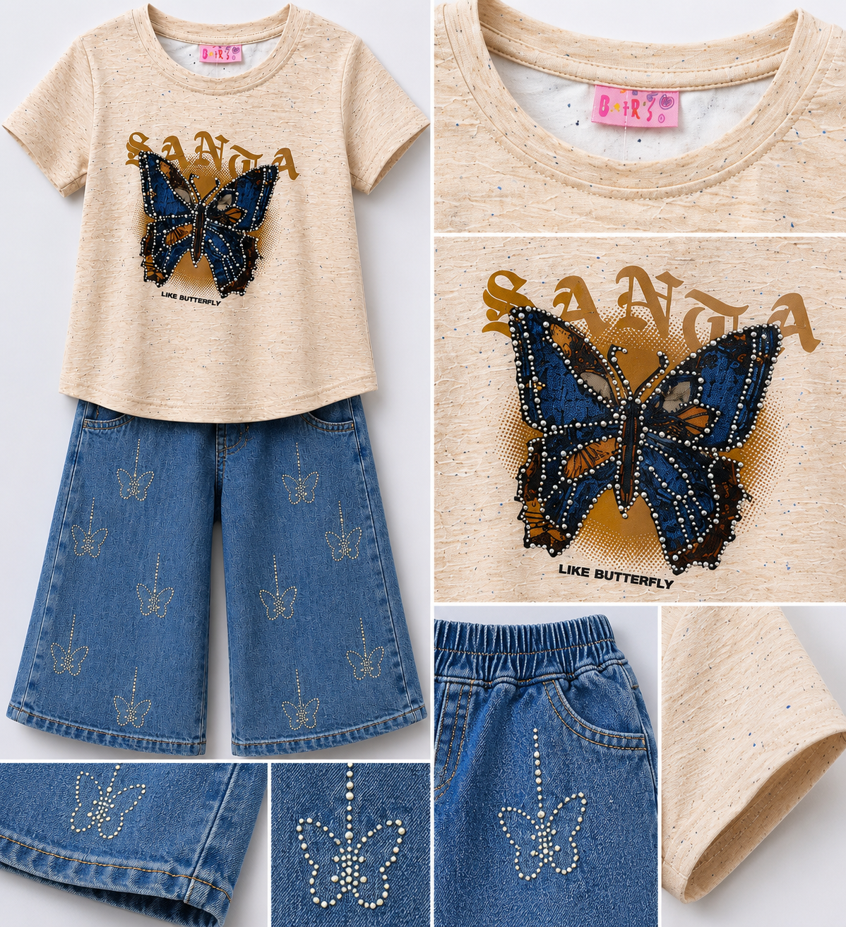 Girls Butterfly Graphic Co-ord Set – Printed T-Shirt & Denim Wide Leg Pants
