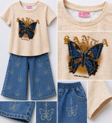 Girls Butterfly Graphic Co-ord Set – Printed T-Shirt & Denim Wide Leg Pants