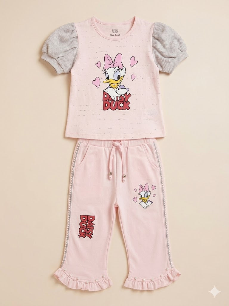 Girls Peach Cartoon Graphic T-Shirt & Printed Trousers Set – Casual Cotton Outfit