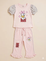 Girls Peach Cartoon Graphic T-Shirt & Printed Trousers Set – Casual Cotton Outfit