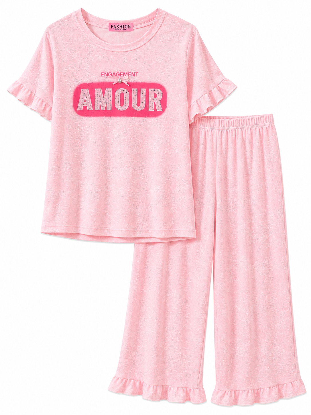 Girls Soft Pink Lounge Co-Ord Set – Printed Top & Wide Leg Pants