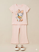 Girls Peach Cartoon Graphic T-Shirt & Trousers Set – Casual Cotton Outfit