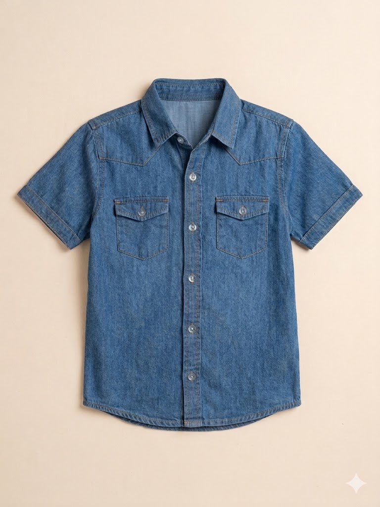 Boys Casual Button-Up Shirt – Soft Cotton Half Sleeve Top (Blue)