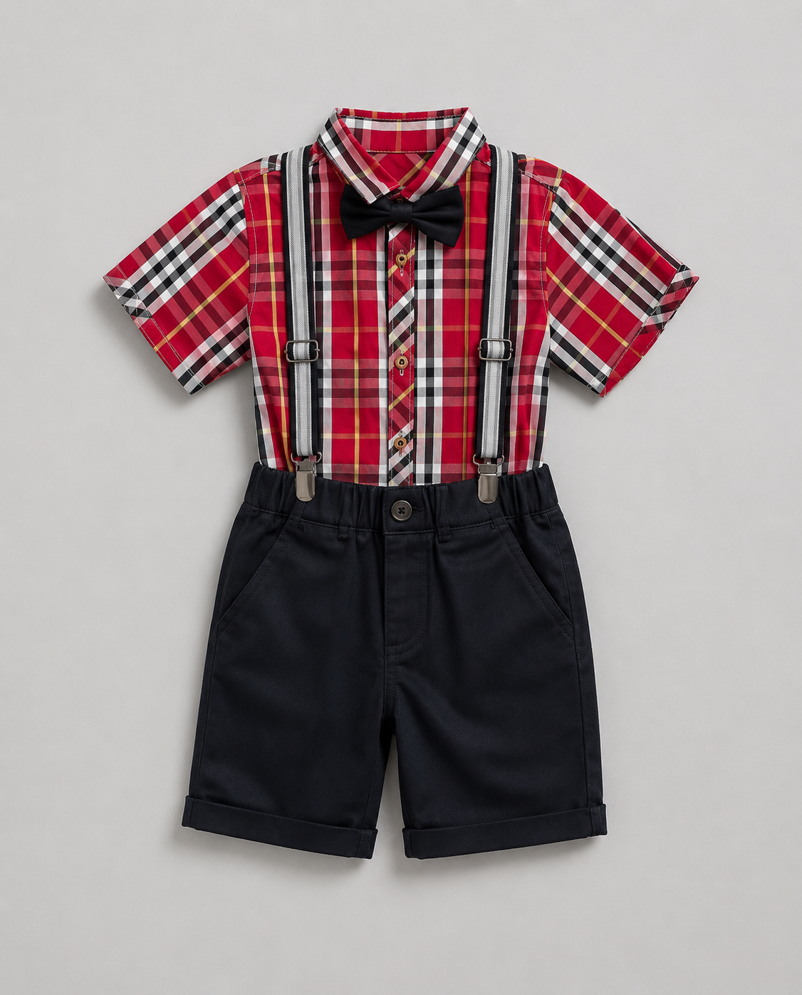 Boys Premium Formal Suspender Outfit – Plaid Shirt, Shorts & Bow Tie 4 Piece Set