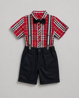 Boys Premium Formal Suspender Outfit – Plaid Shirt, Shorts & Bow Tie 4 Piece Set
