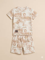 Boys Beige Printed T-Shirt & Shorts Set – Casual Cotton Summer Outfit