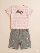 Boys Peach Graphic T-Shirt & Olive Shorts Set – Casual Cotton Summer Outfit