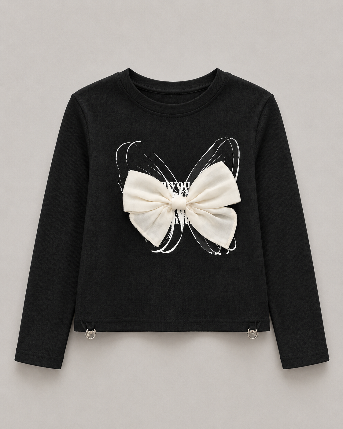 Girls Black Butterfly Bow T-Shirt – Full Sleeves Stylish Top