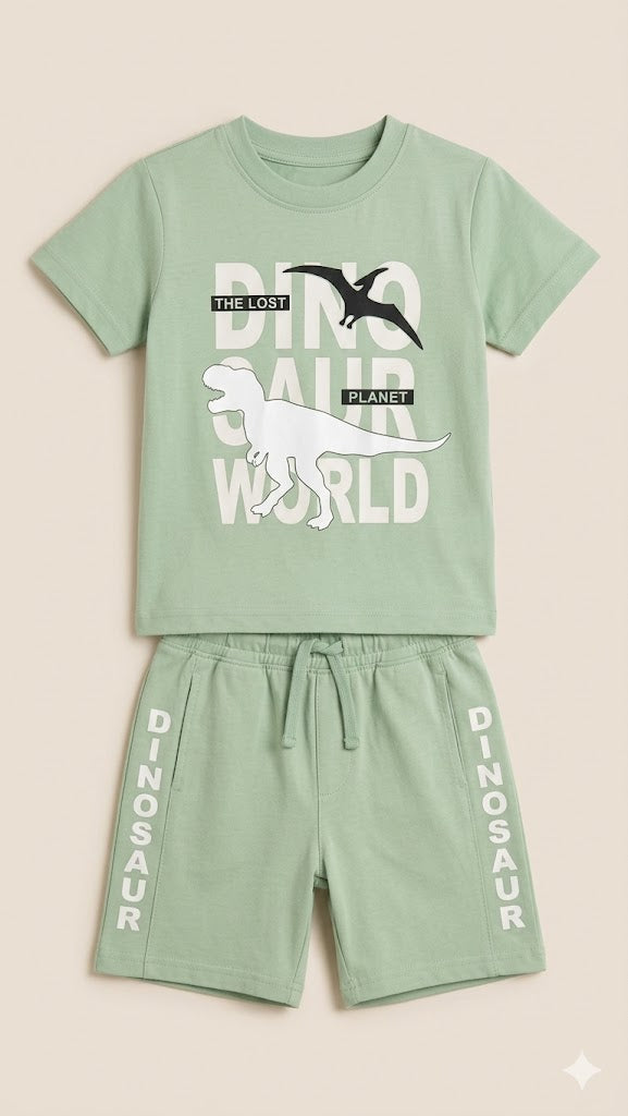 Boys Graphic T-Shirt & Shorts Set – Soft Cotton Summer Outfit (Olive Green)