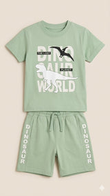 Boys Graphic T-Shirt & Shorts Set – Soft Cotton Summer Outfit (Olive Green)