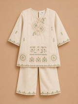 Girls Cream Embroidered Kurti Trouser Set – Elegant Kids Traditional Wear