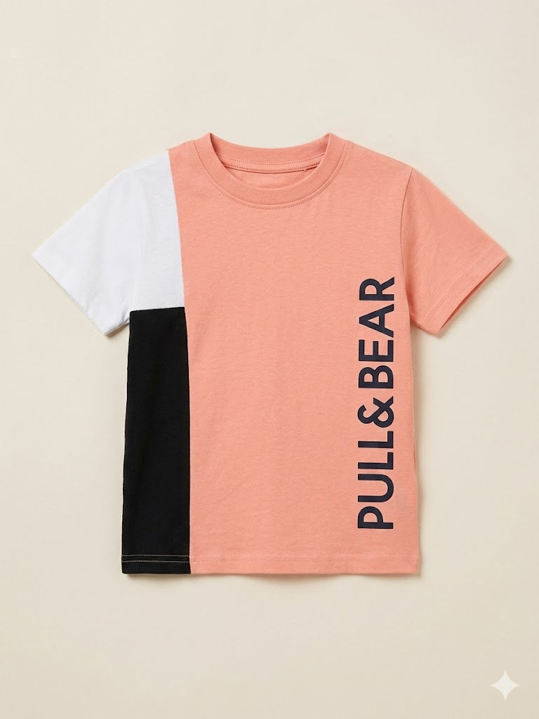Boys Peach & Black Color Block T-Shirt – Casual Cotton Short Sleeve Top