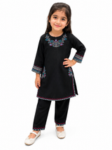 Girls Black Embroidered Kurti Trouser Set