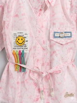 Girls Pink Tie-Dye Embellished Puff Sleeve Shirt with Inner Tee Set