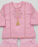 Girls Pink Embroidered Kurti Gharara Set